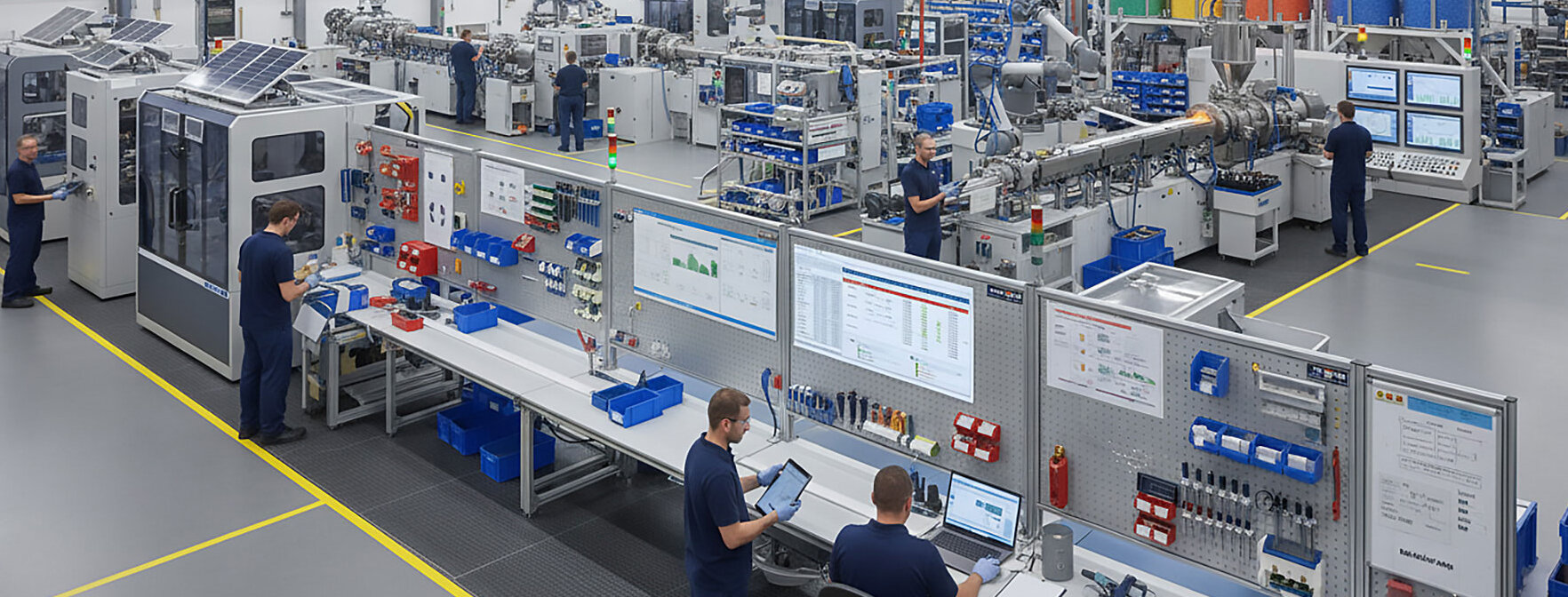 Es ist eine saubere, nach Lean-Aspekten strukturierte Produktionshalle abgebildet.