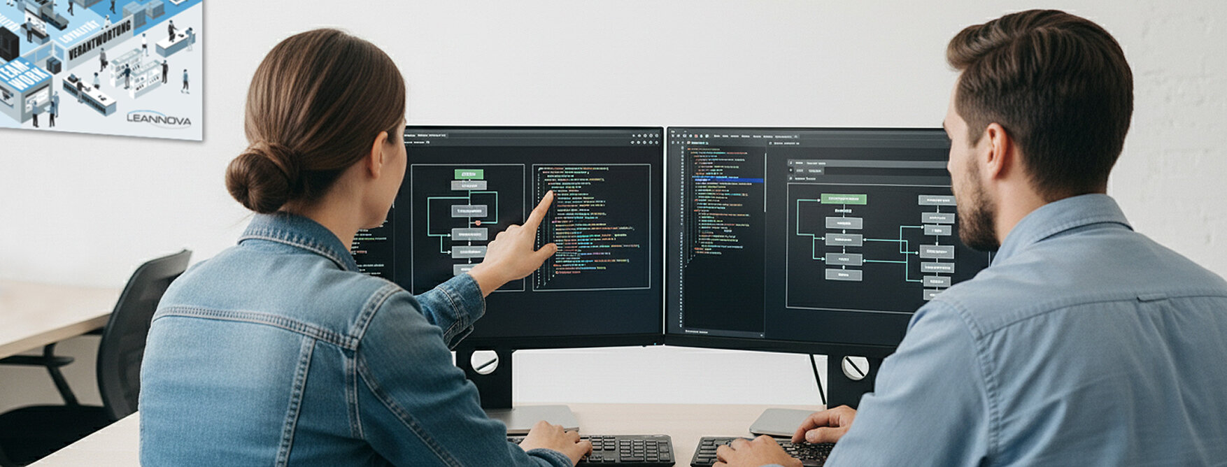 zwei Softwareentwickler schauen auf einen Monitor mit Quellcode