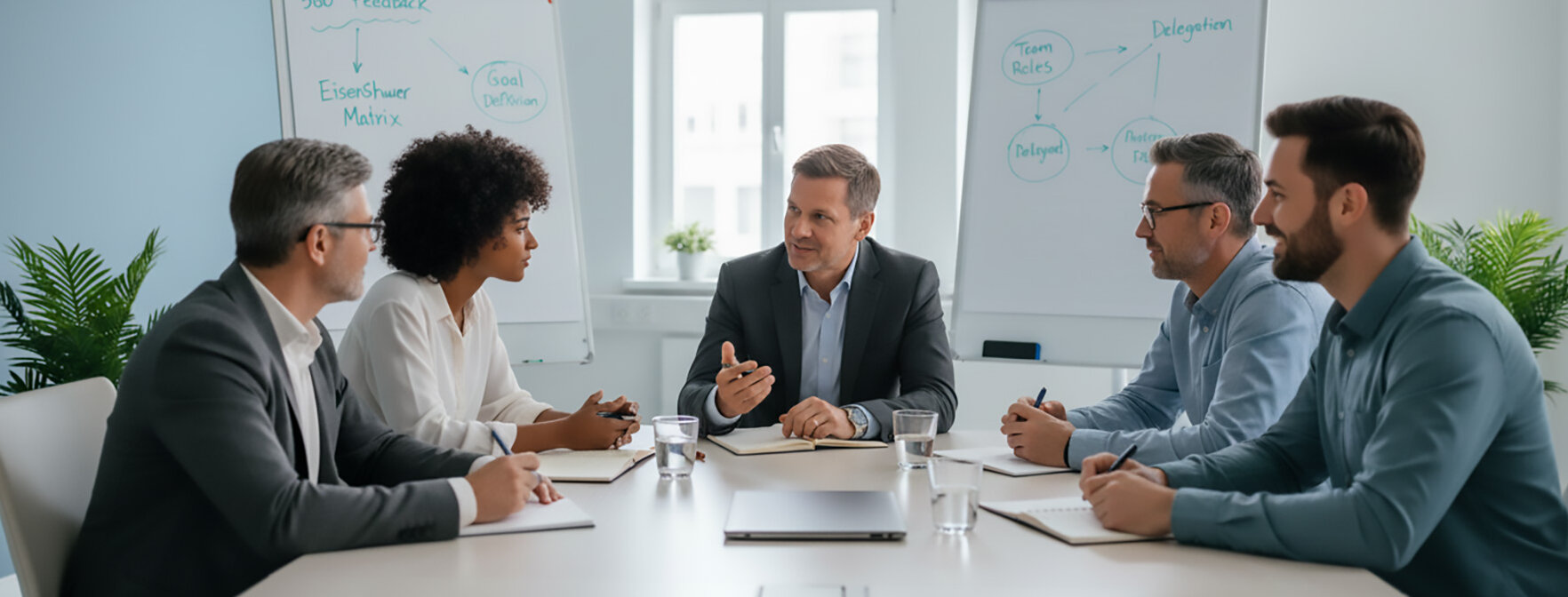 Coachningsituation in einem cleanen Besprechungsraum.