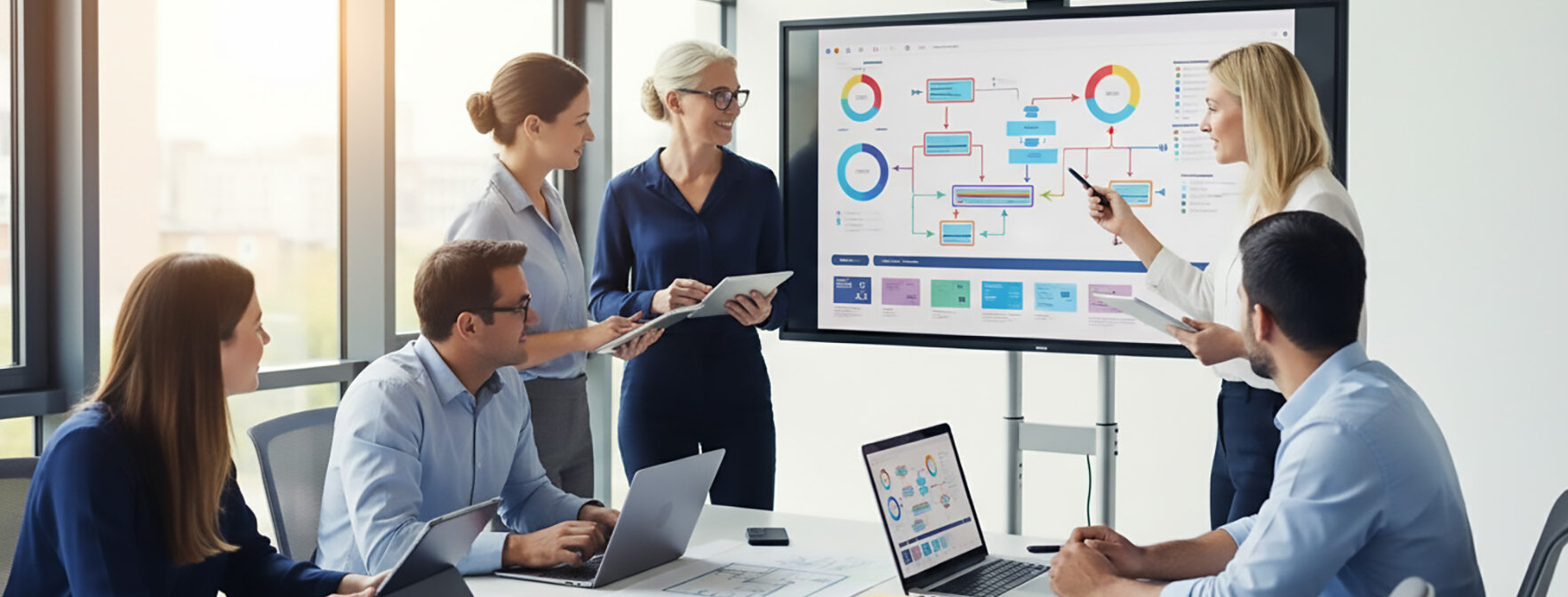 Es ist eine Szene aus einen Besprechnungsraum in einer Verwaltung zusehen. Meherere Personen stehen und Sitzen vor einem großen MOnitor, auf dem Lean-Adminstration Element zu sehen sind