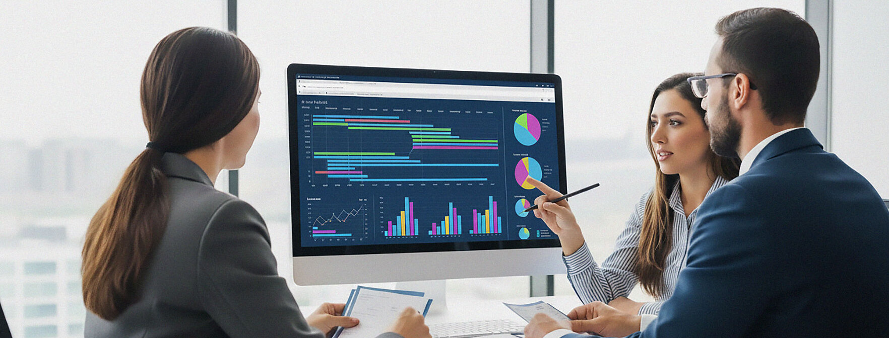 Auf dem Bild sind drei Personen in Businessoutfit zu sehen, die auf einen Monitor mit Ganttdigrammen und anderen Diagrammen schauen